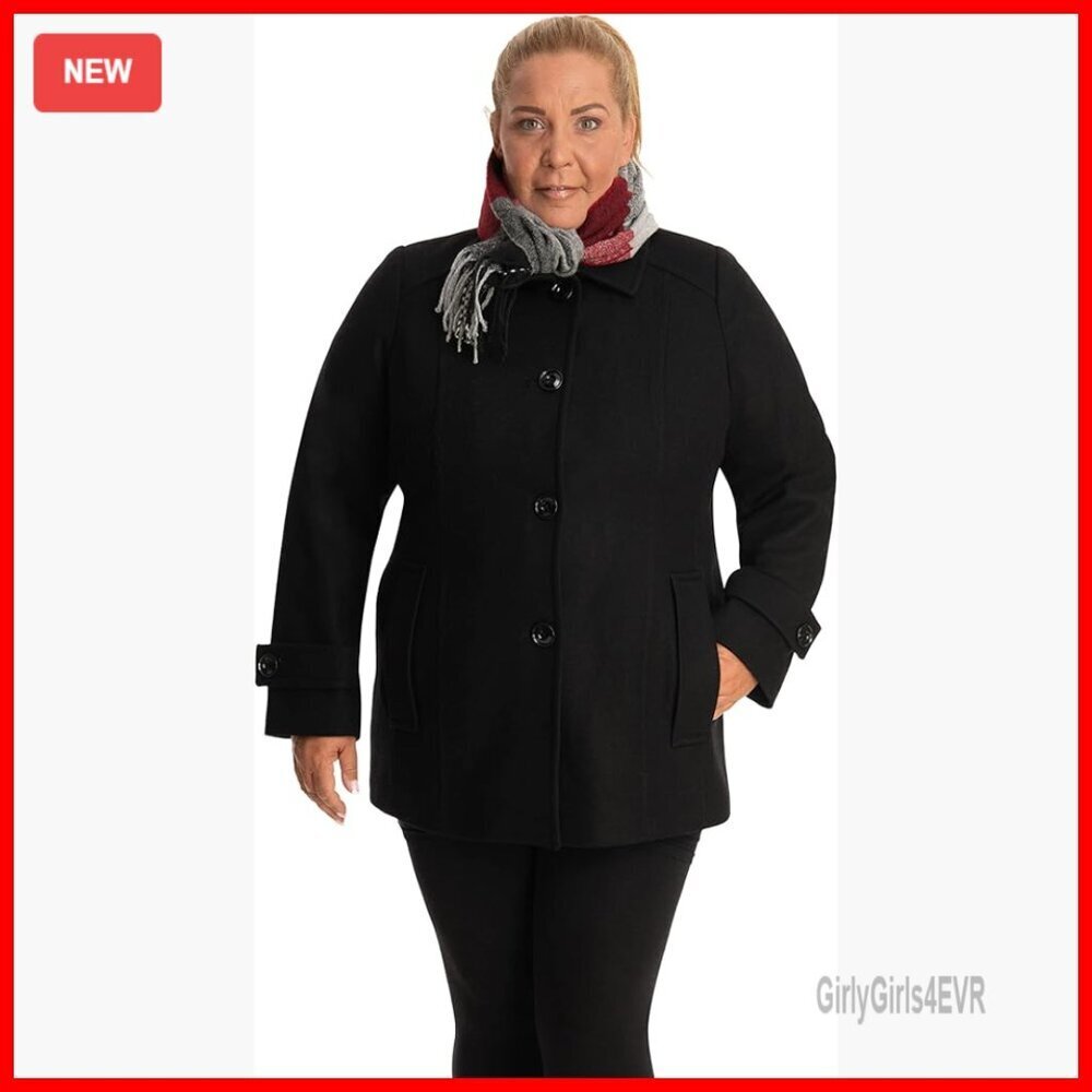 Plus Size Wool Blend Pea Coat with Scarf, Single-Breasted, Peter Pan Collar